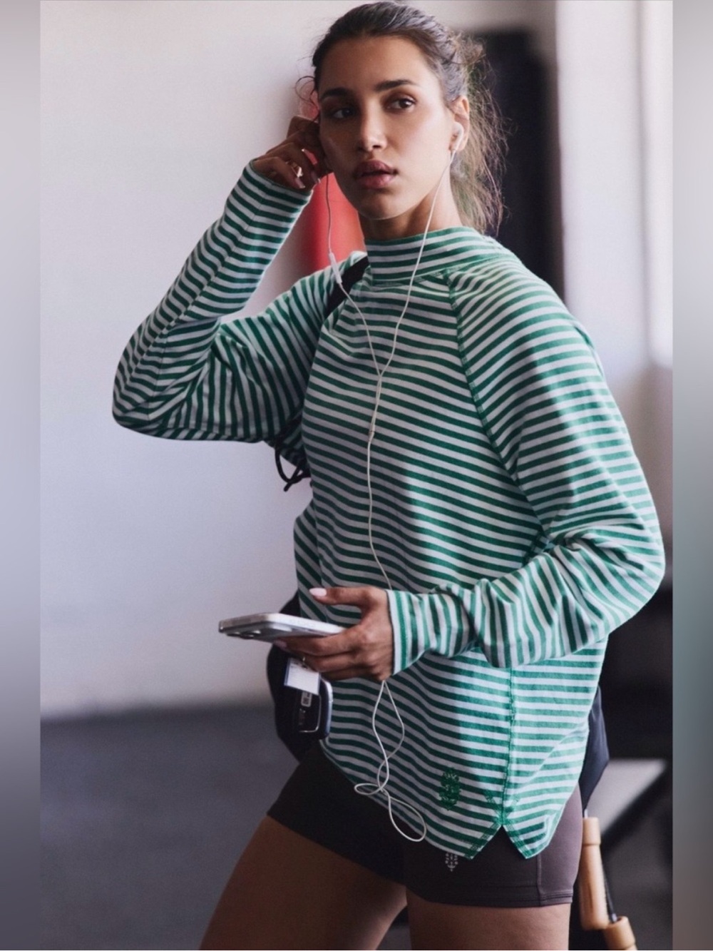 NWOT Free People Restoration Yarn Dye Stripe Layer Sailor Stripe Green Glow XS